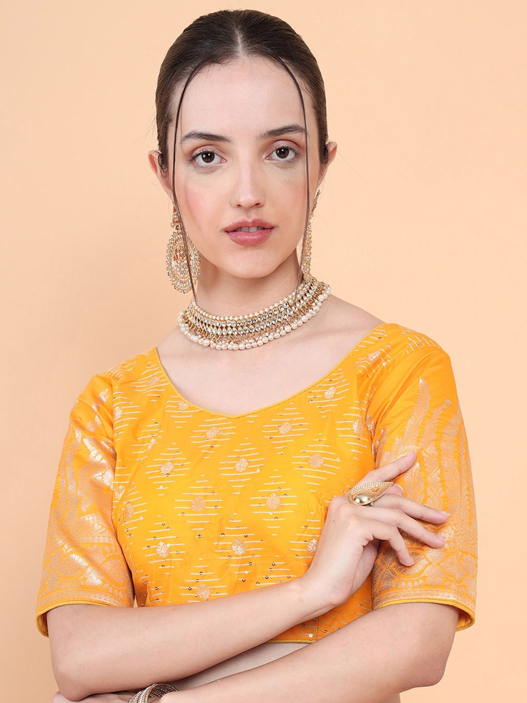 

MIMOSA Woven-Design Saree Readymade Blouse, Mustard