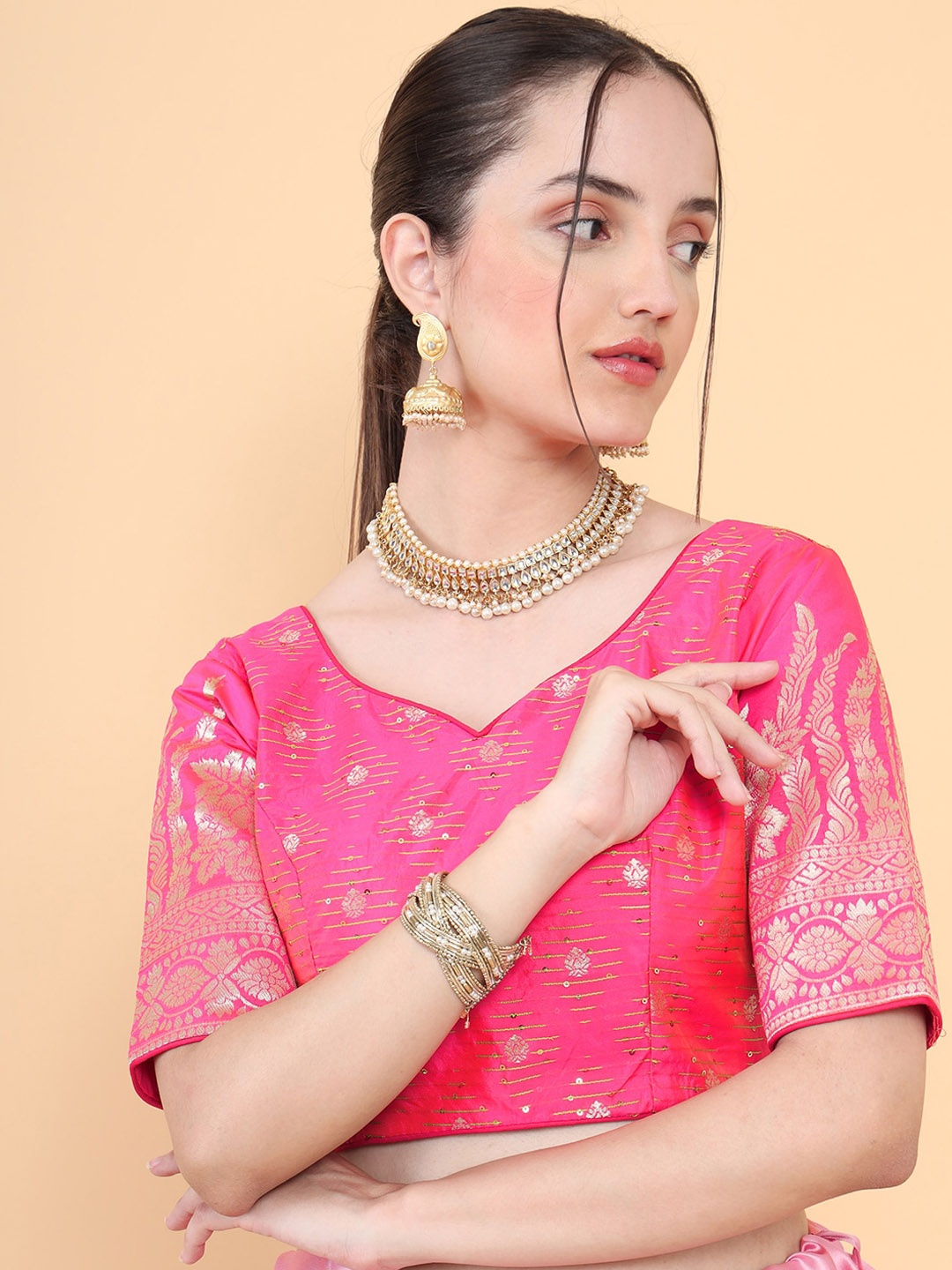 

MIMOSA Woven-design Raw Silk Readymade Saree Blouse, Pink