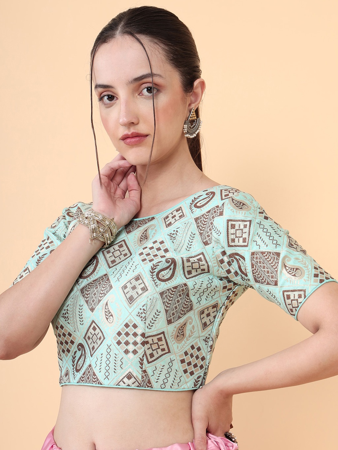 

MIMOSA Woven-Design Raw Silk Readymade Saree Blouse, Turquoise blue