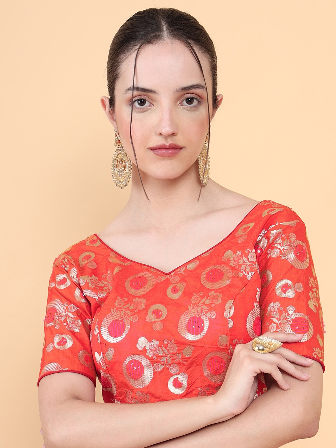 

MIMOSA Woven-Design Raw Silk Readymade Saree Blouse, Red
