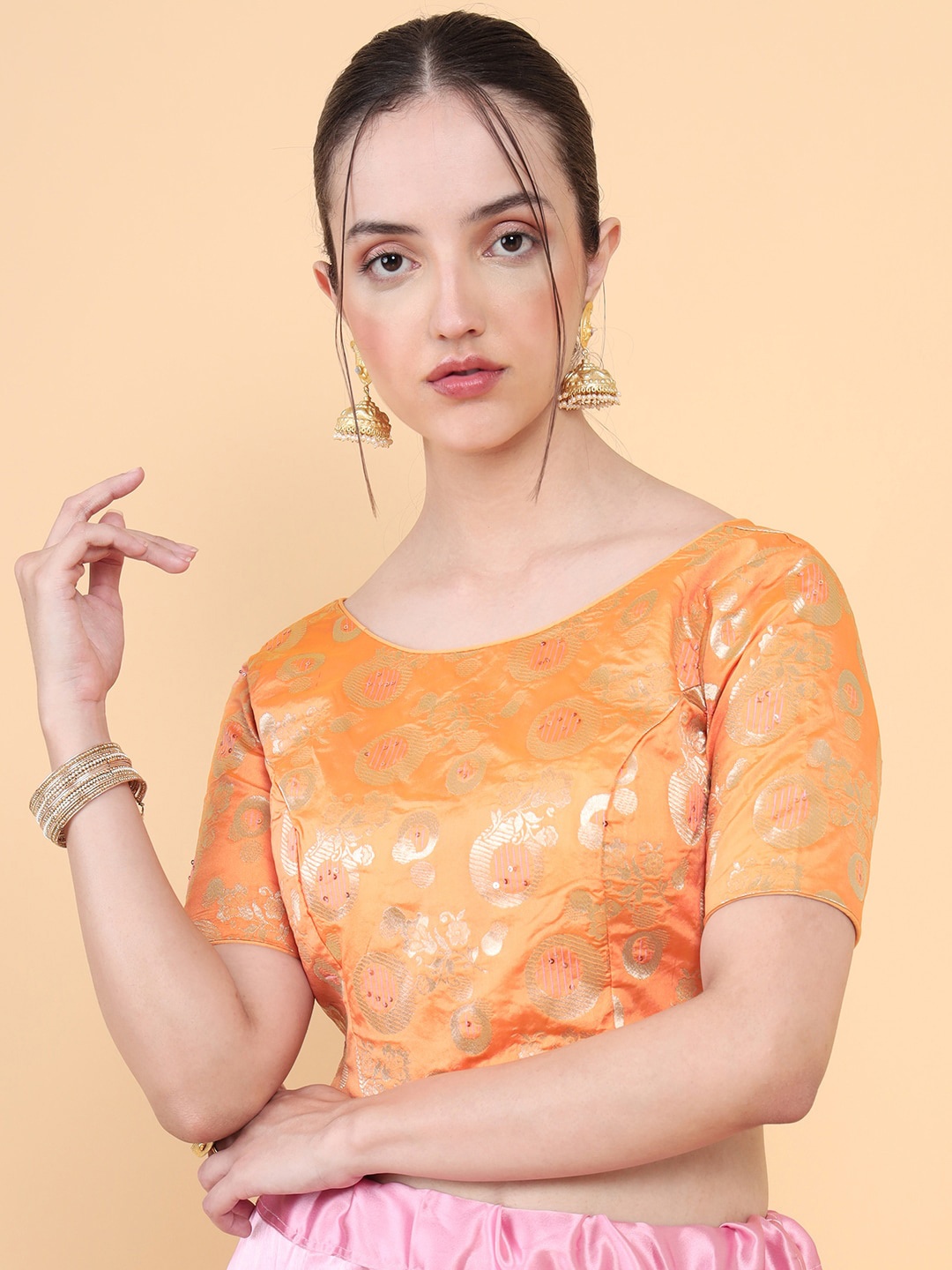 

MIMOSA Woven-Design Raw Silk Saree Readymade Blouse, Orange
