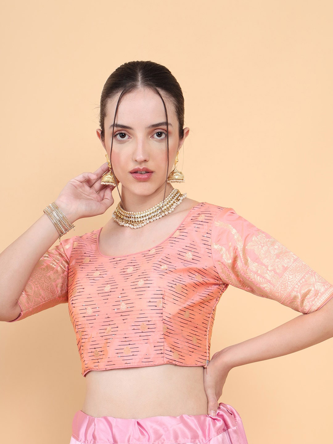 

MIMOSA Woven-Design Raw Silk Saree Readymade Blouse, Pink