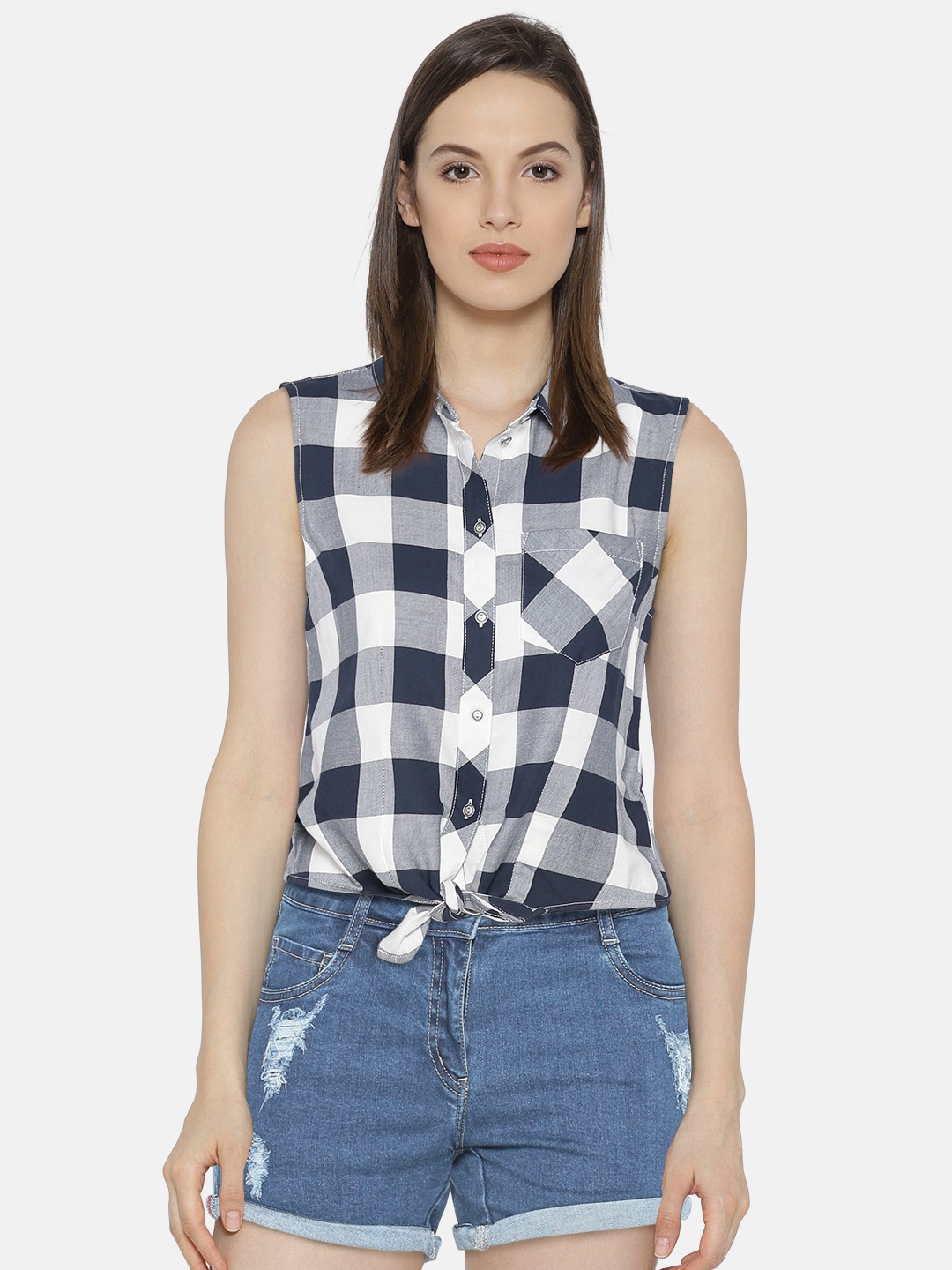 

ONLY Women Navy & Off-White Regular Fit Checked Casual Shirt, Navy blue