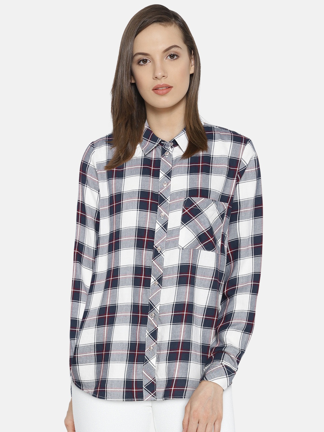 

ONLY Women White & Navy Regular Fit Checked Casual Shirt