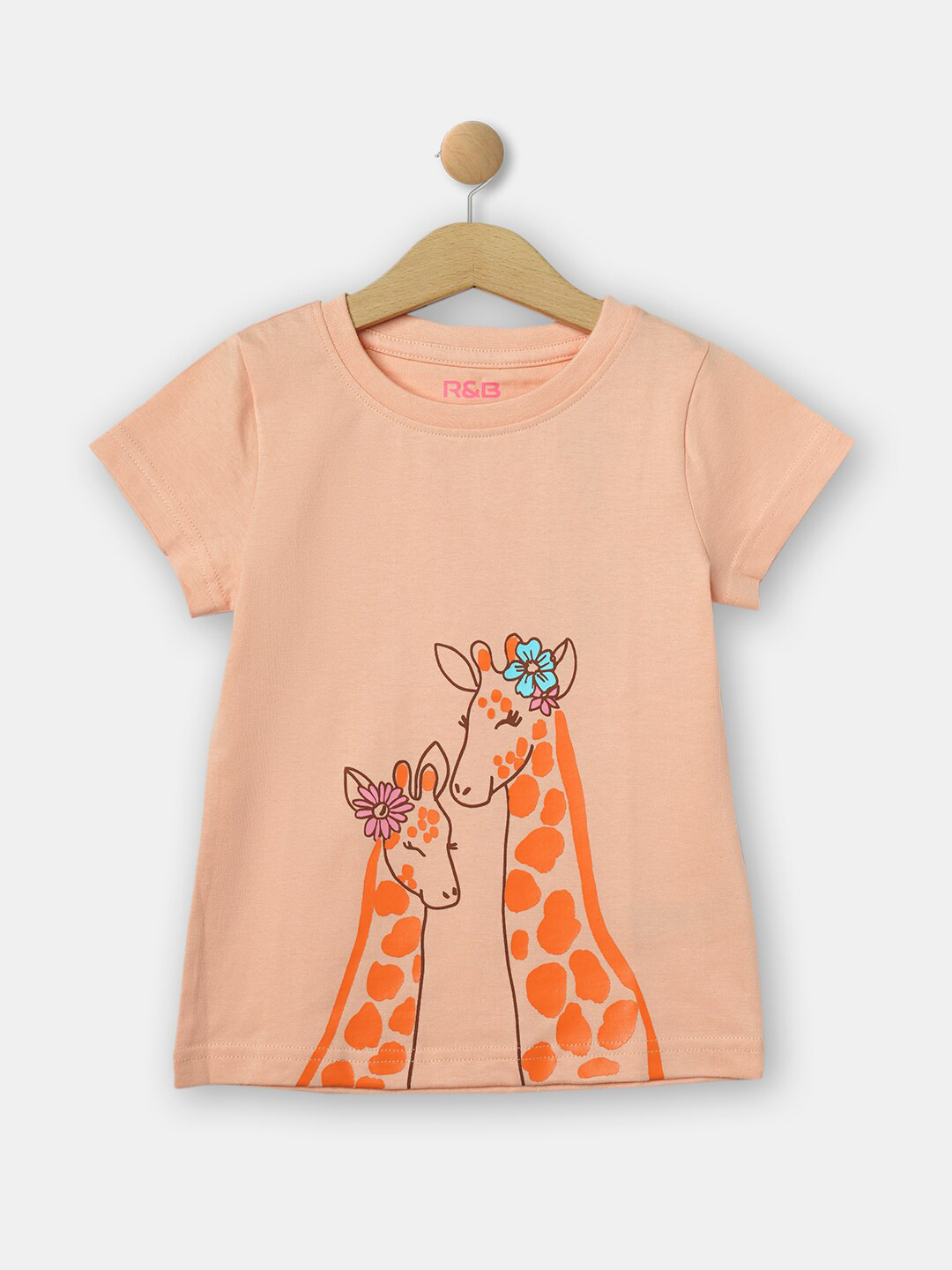

R&B Girls Printed Round Neck Cotton T-shirt, Peach