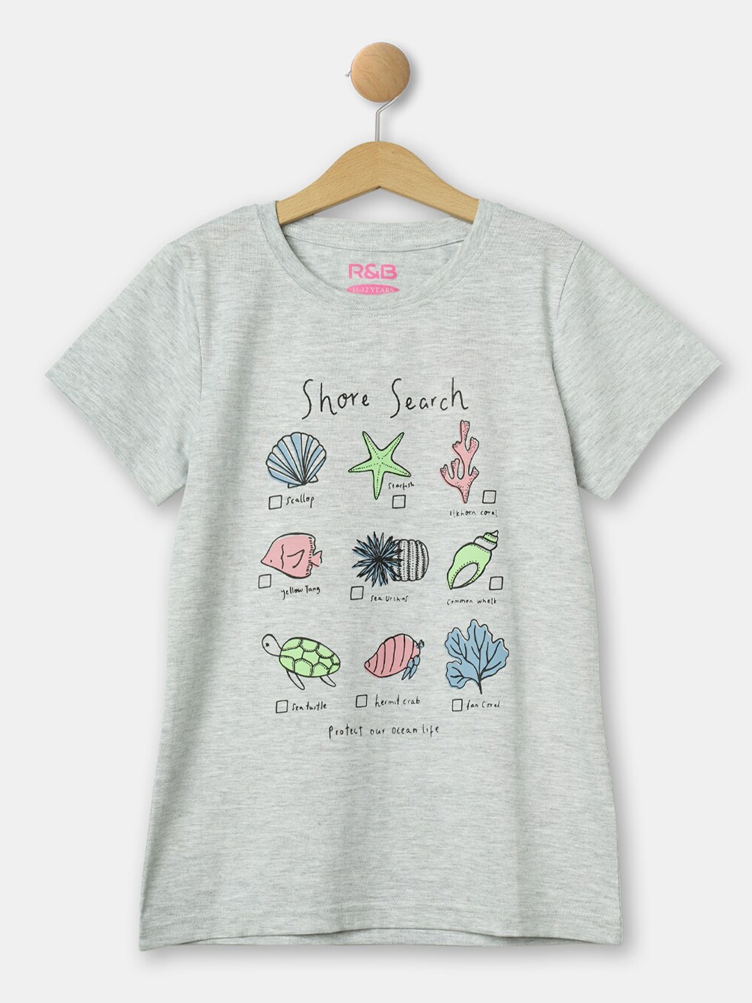 

R&B Girls Printed Round Neck Cotton T-shirt, Grey
