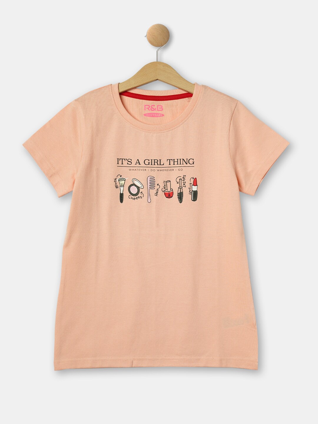 

R&B Girls Printed Round Neck Cotton T-shirt, Peach