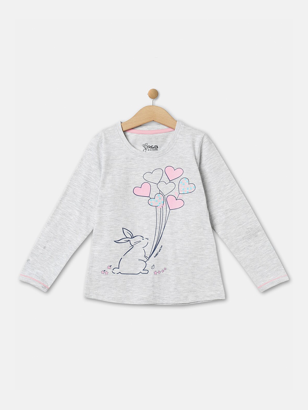 

R&B Girls Printed Long Sleeves Round Neck Cotton T-shirt, Grey