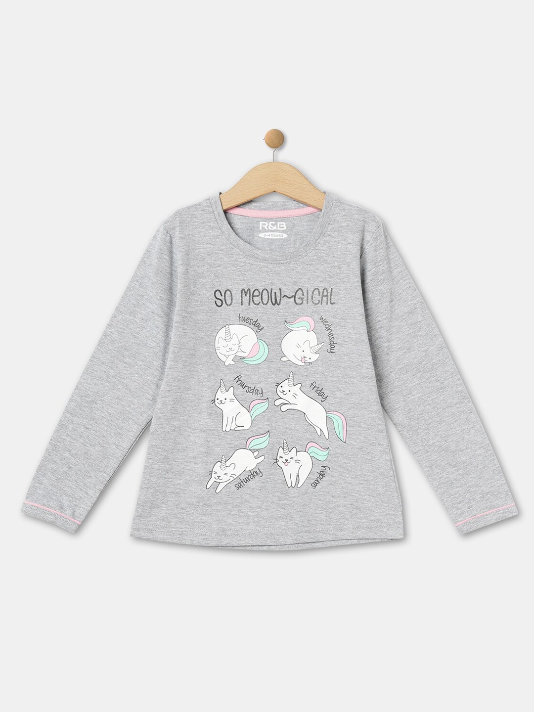 

R&B Girls Printed Long Sleeves Round Neck Cotton T-shirt, Grey