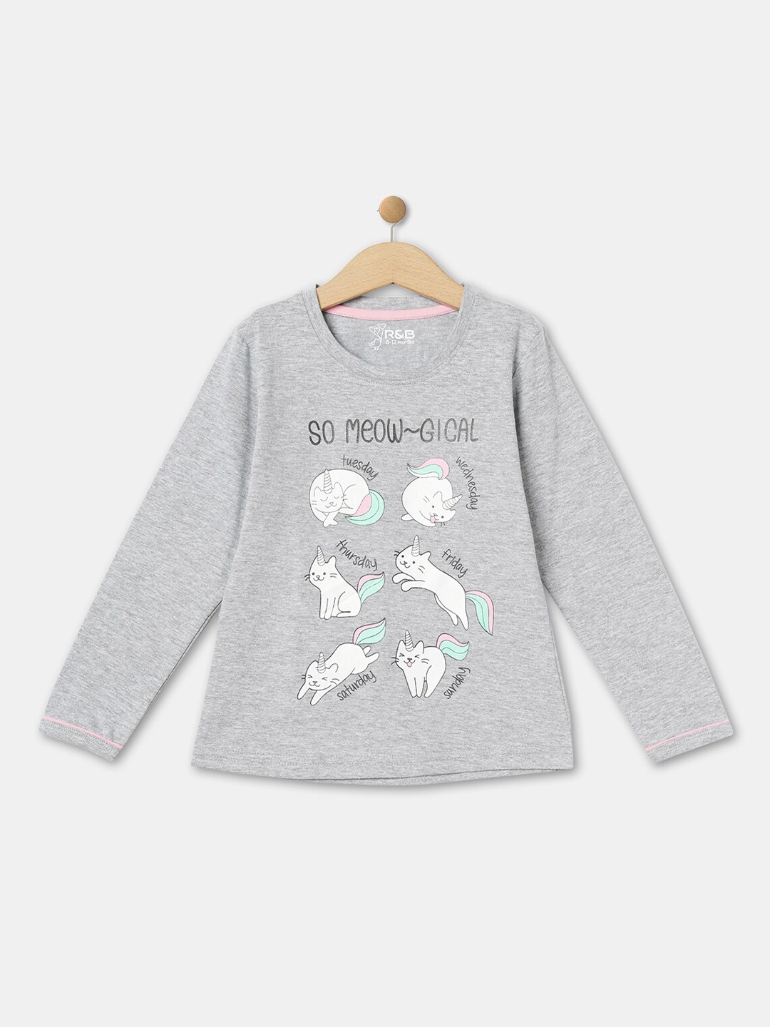 

R&B Girls Printed Long Sleeves Round Neck Cotton T-shirt, Grey
