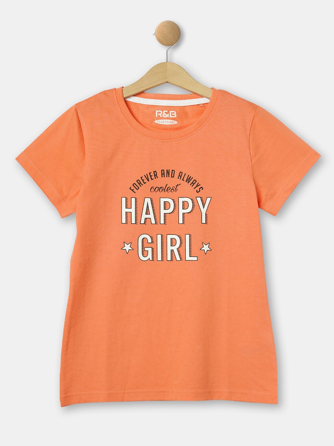 

R&B Girls Typography Printed Round Neck Cotton T-shirt, Orange