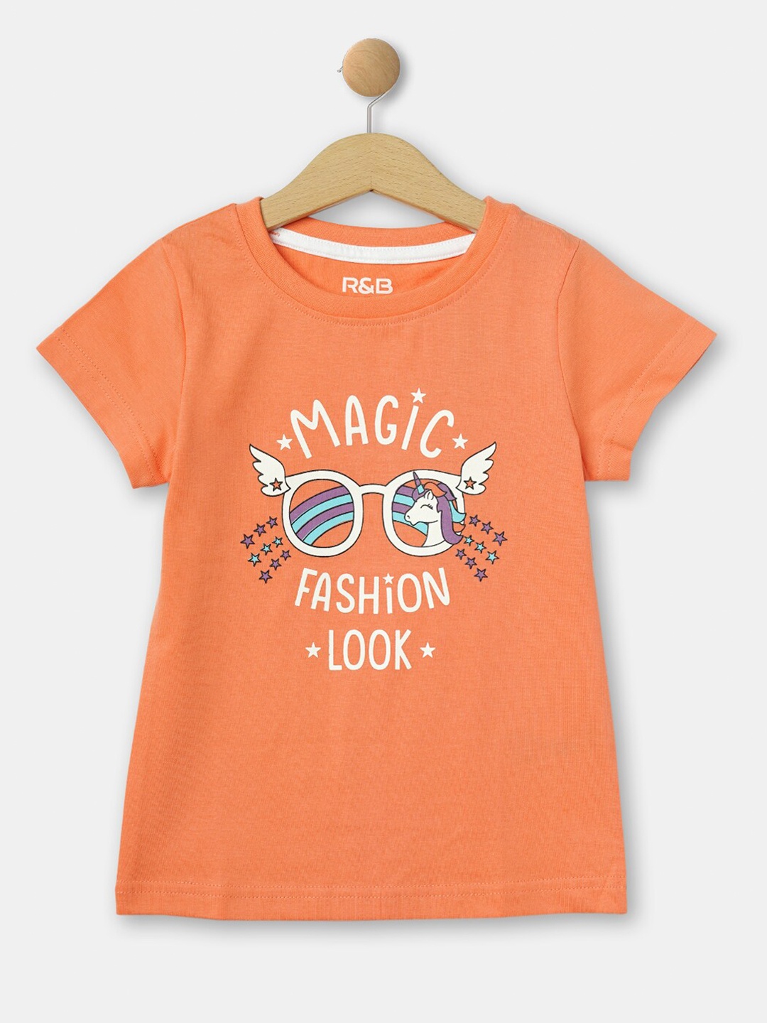 

R&B Girls Typography Printed Round Neck Cotton T-shirt, Orange