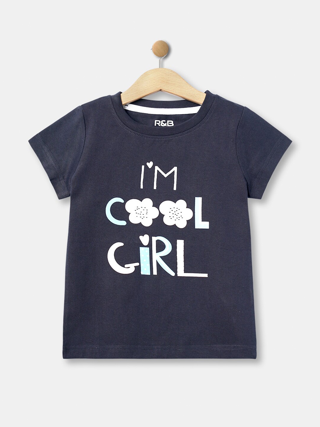 

R&B Girls Typography Printed Round Neck Cotton T-shirt, Blue