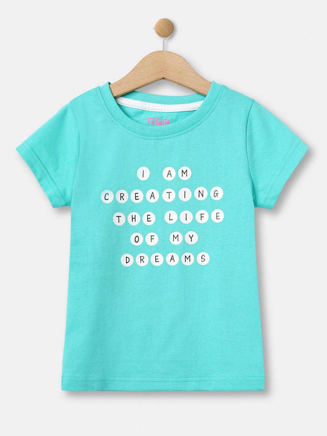 

R&B Girls Typography Printed Round Neck Cotton T-shirt, Green