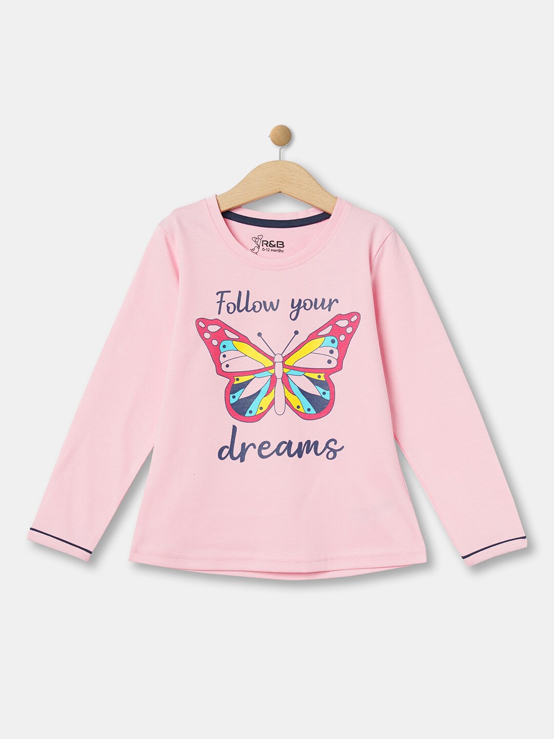 

R&B Girls Printed Round Neck Long Sleeves Cotton T-shirt, Pink