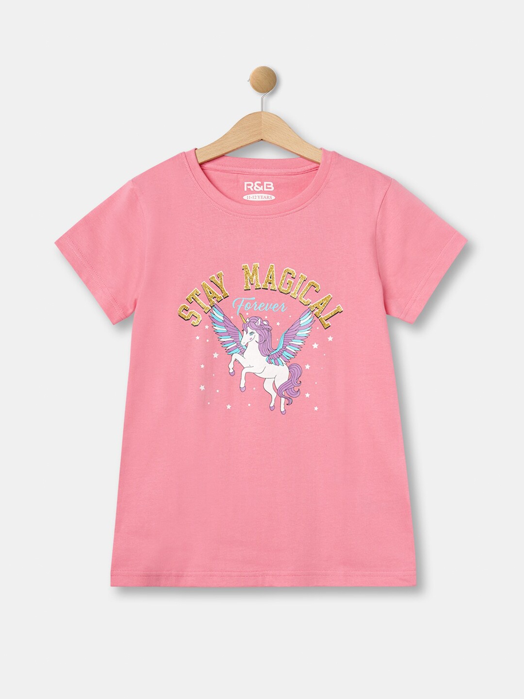 

R&B Girls Printed Round Neck Cotton T-shirt, Pink