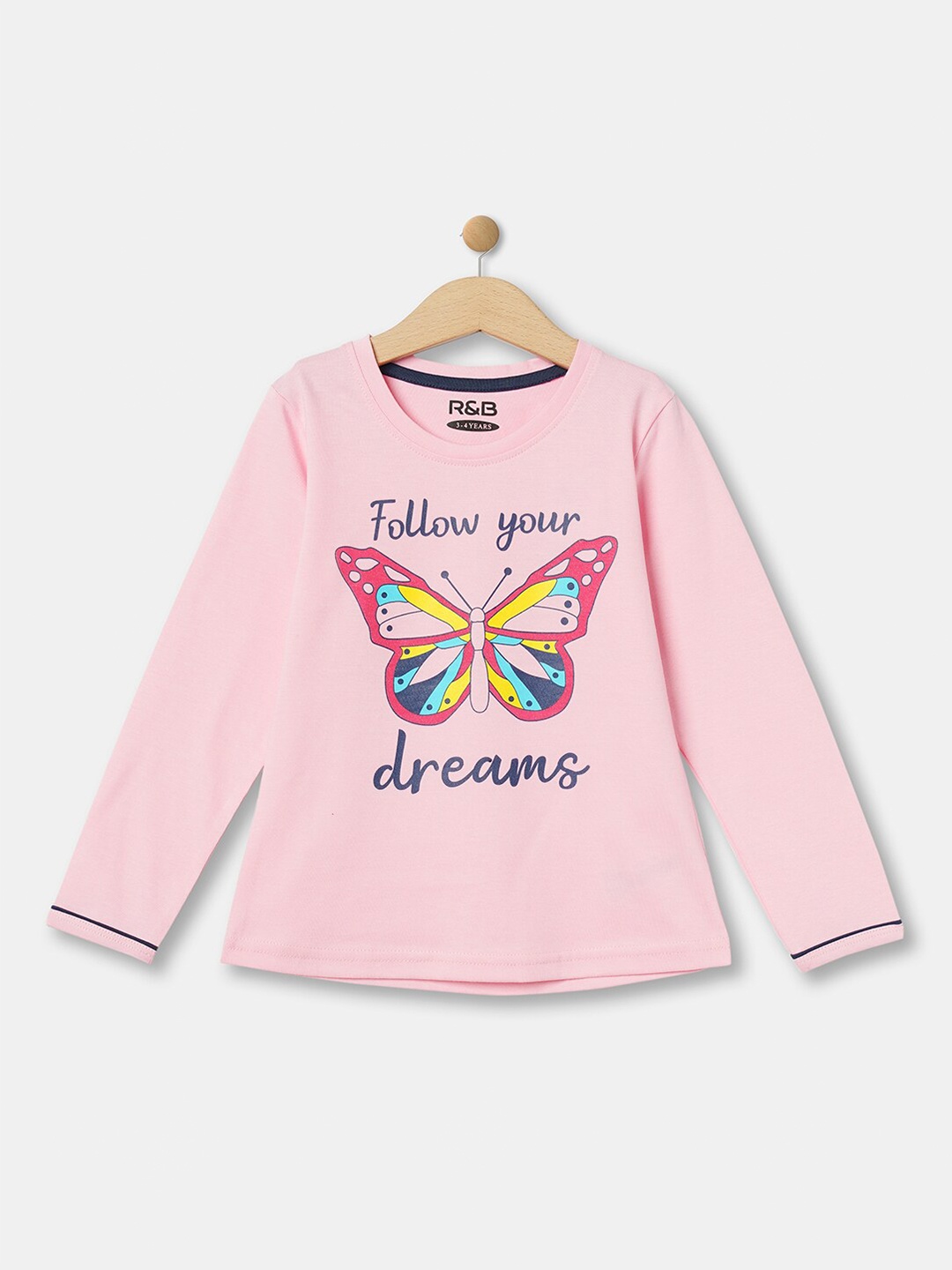 

R&B Girls Printed Long Sleeves Round Neck Cotton T-shirt, Pink