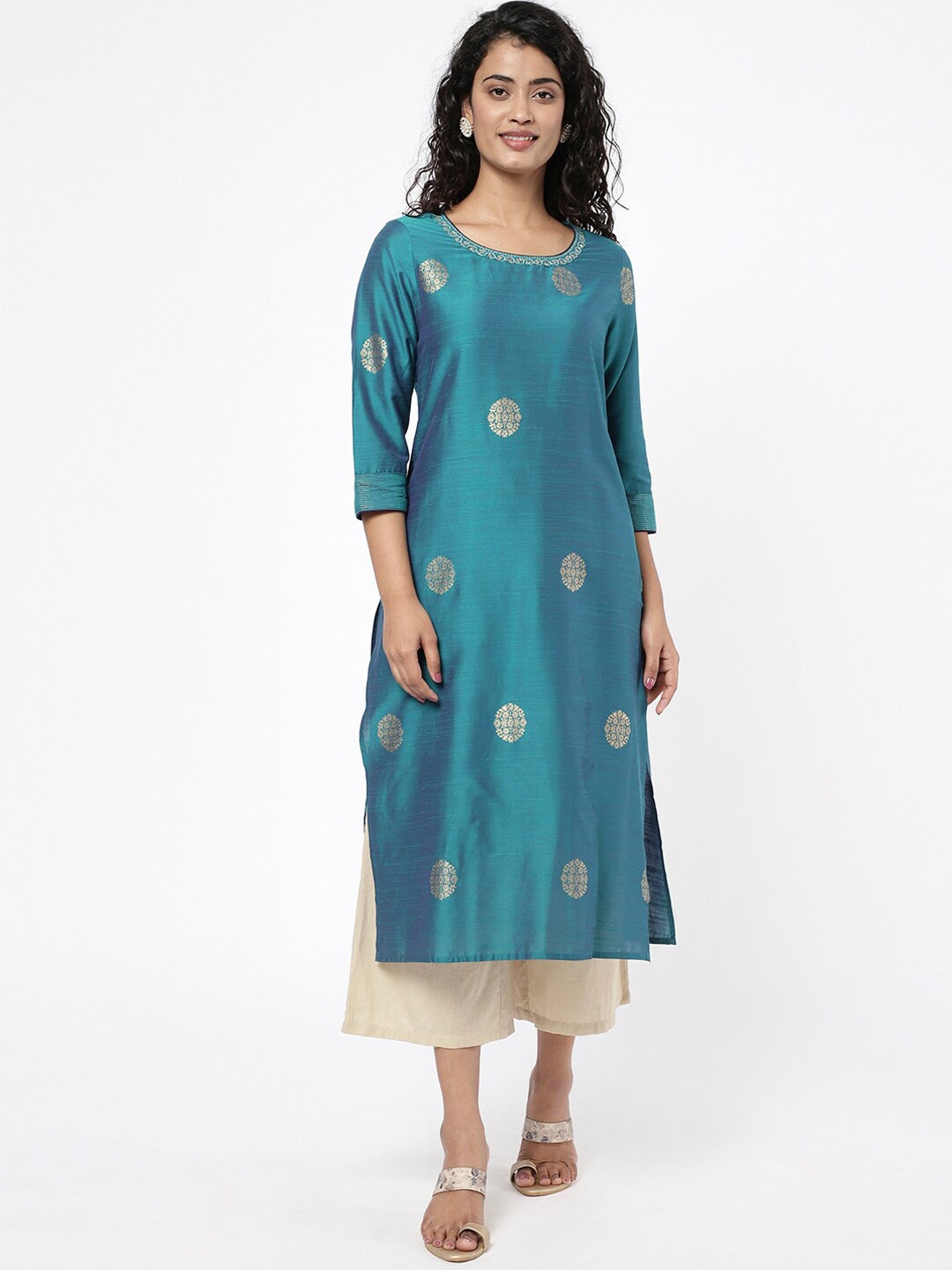 

R&B Women Teal Ethnic Motifs Printed & Thread Work Kurta