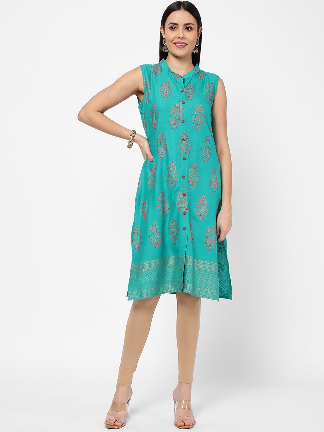 

R&B Women Sea Green Ethnic Motifs Printed Mandarin Collar Kurta