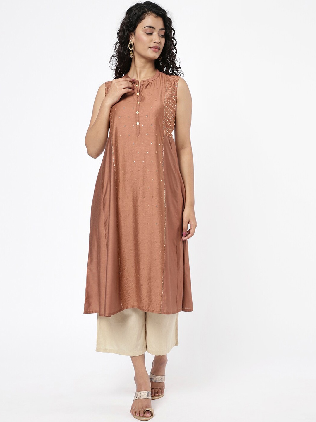 

R&B Women Brown A- Line Embroidered Kurta