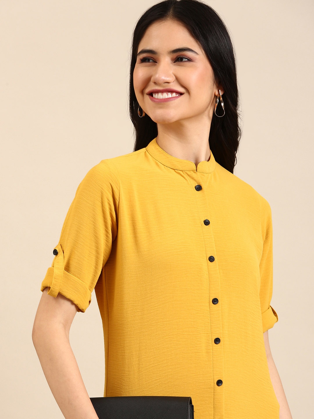 

SHOWOFF Women Yellow Solid Calf Length Mandarin Collar A-Line Kurta