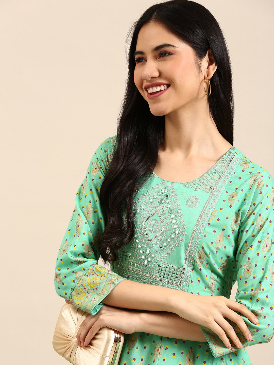 

SHOWOFF Women Green Ethnic Motifs Printed Anarkali Kurta