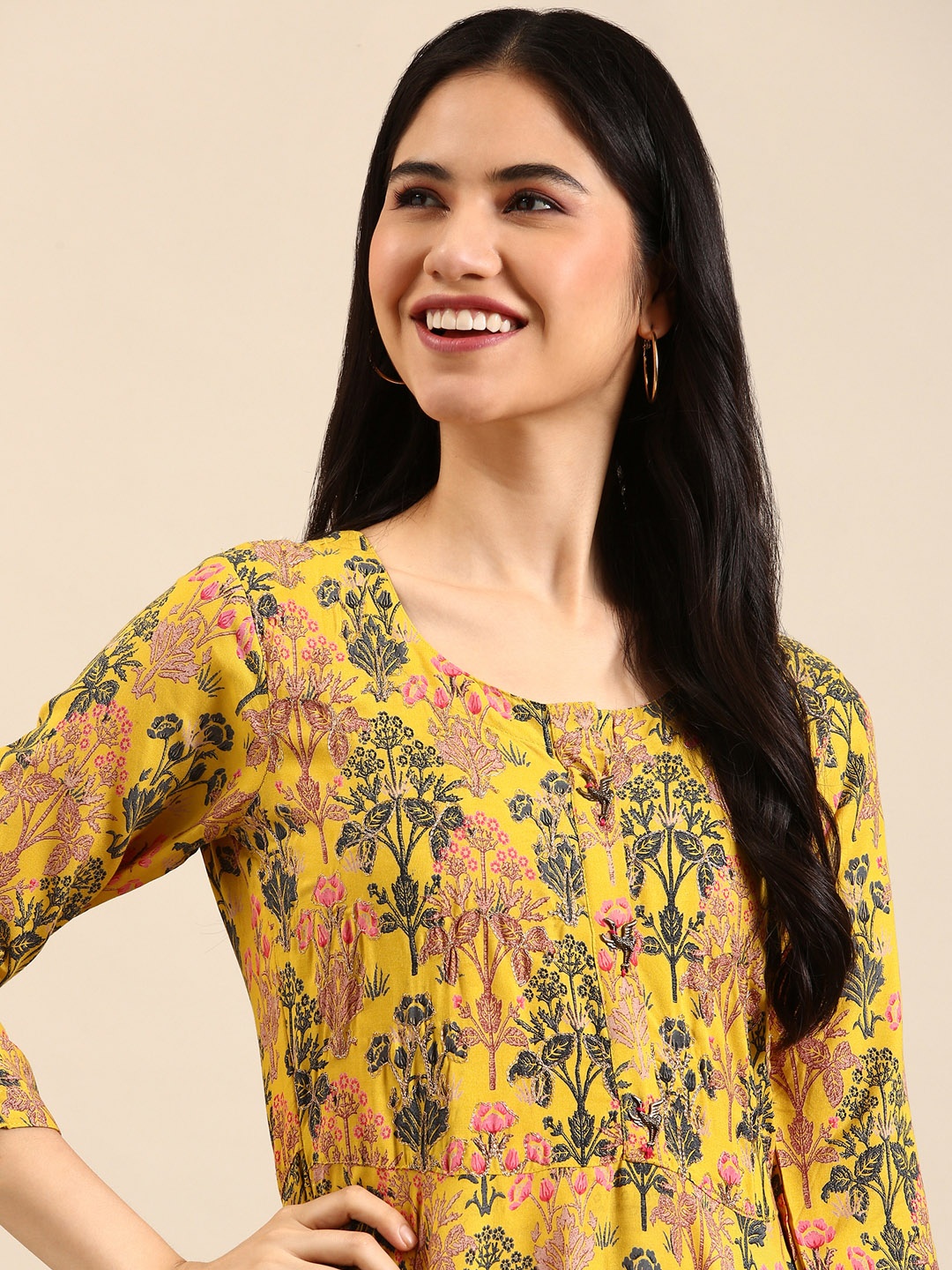 

SHOWOFF Women Yellow Ankle Length Floral Printed Yellow Round Neck Anarkali Kurta