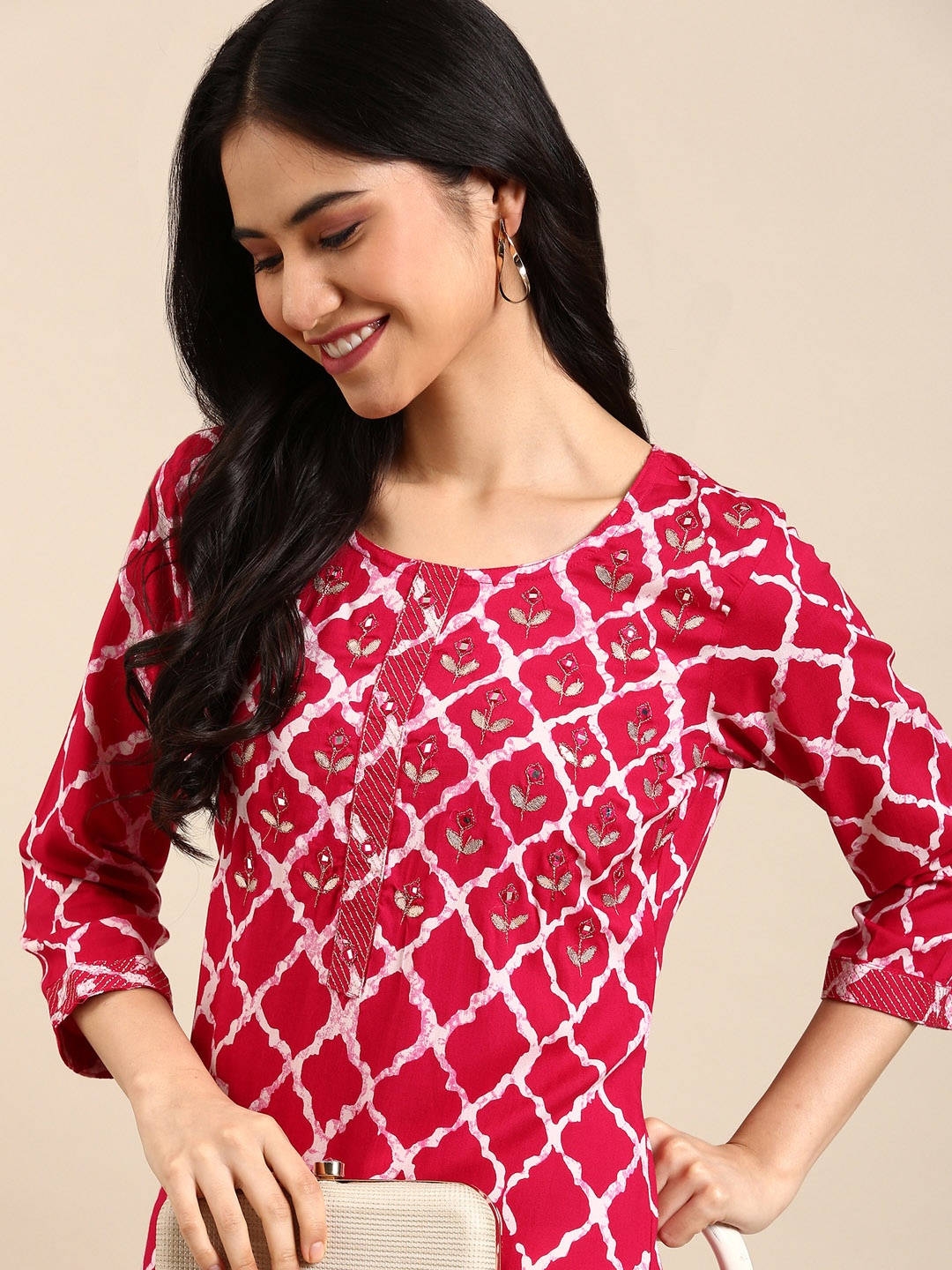 SHOWOFF Women Magenta Geometric Printed Straight Cut Kurta