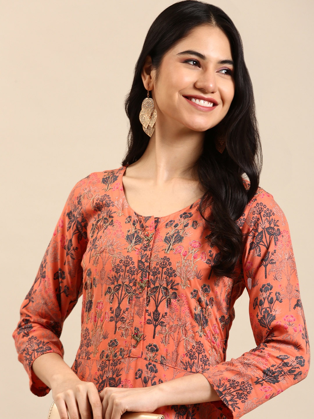 

SHOWOFF Women Floral Printed Cotton Kurta, Rust