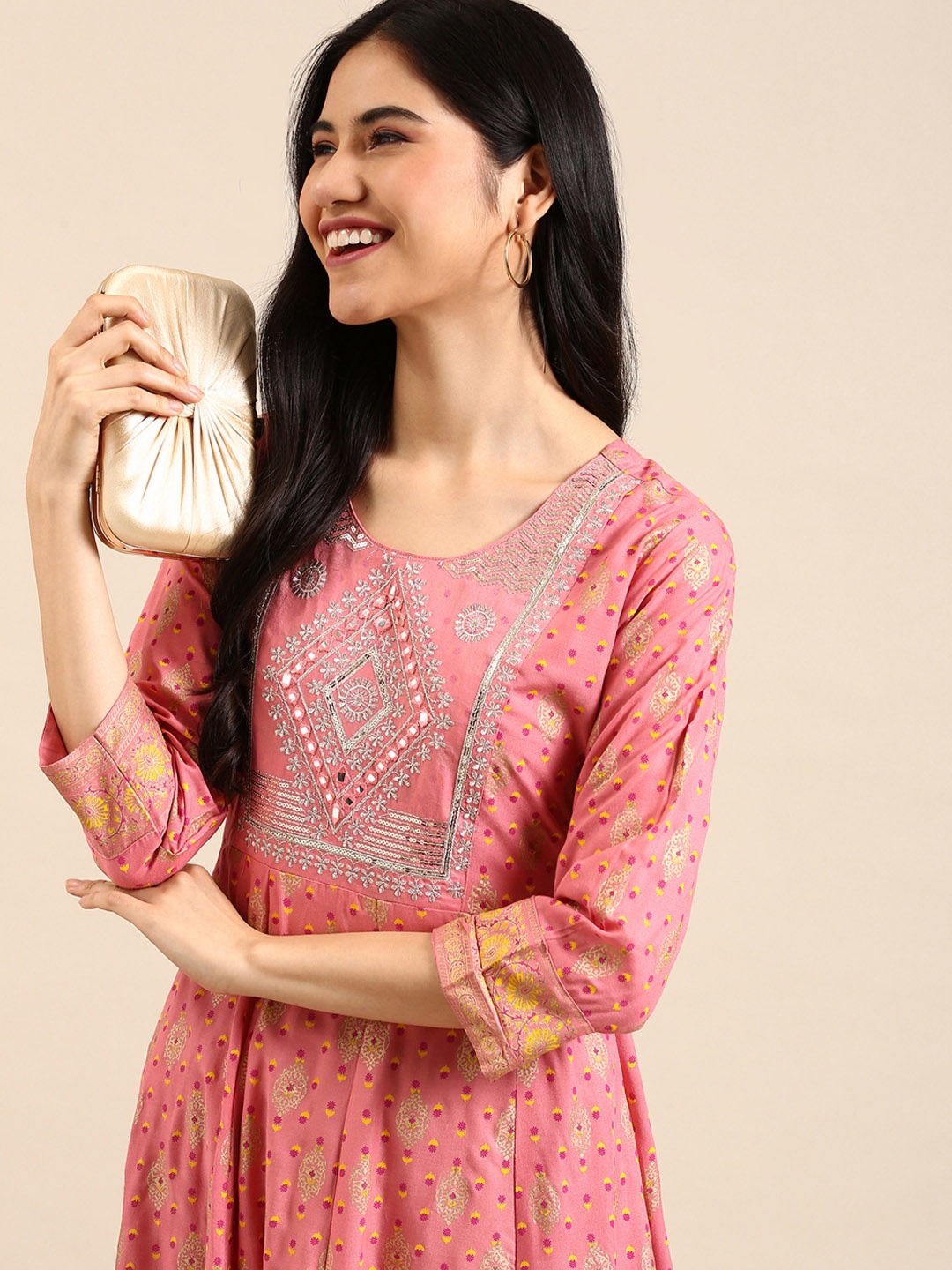 

SHOWOFF Women Pink Printed Mirror Work Floral Anarkali Kurta