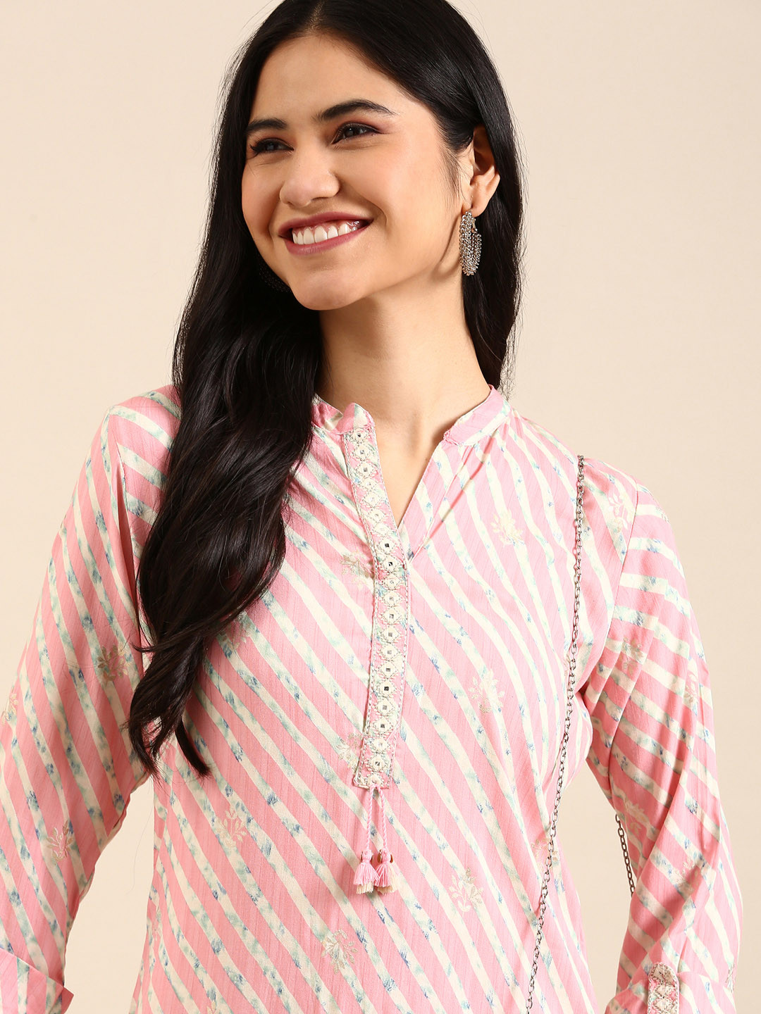 

SHOWOFF Women Pink & White Striped Gotta Patti Kurta