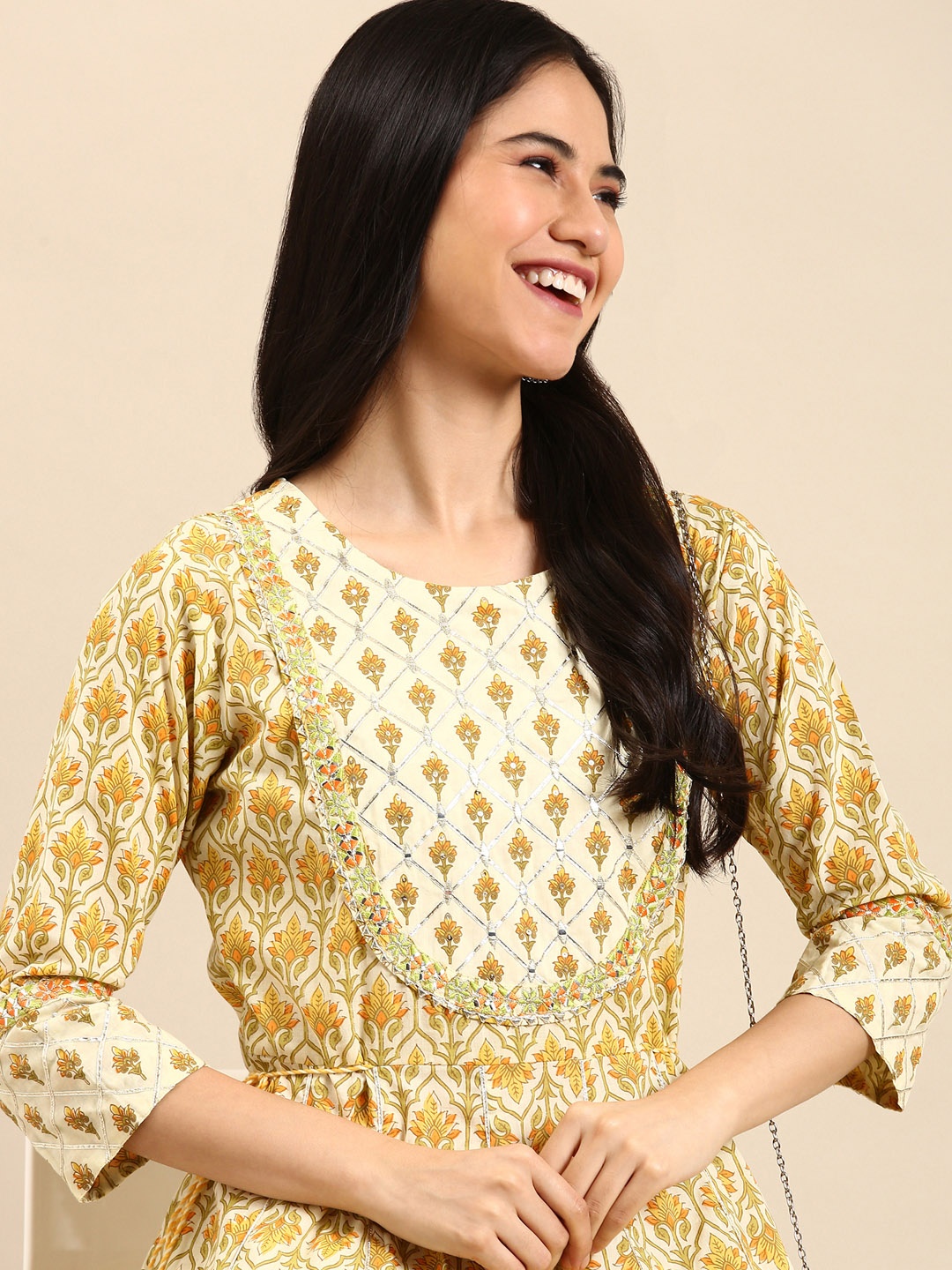 SHOWOFF Women Cream Printed Mirror Work Floral Anarkali Kurta