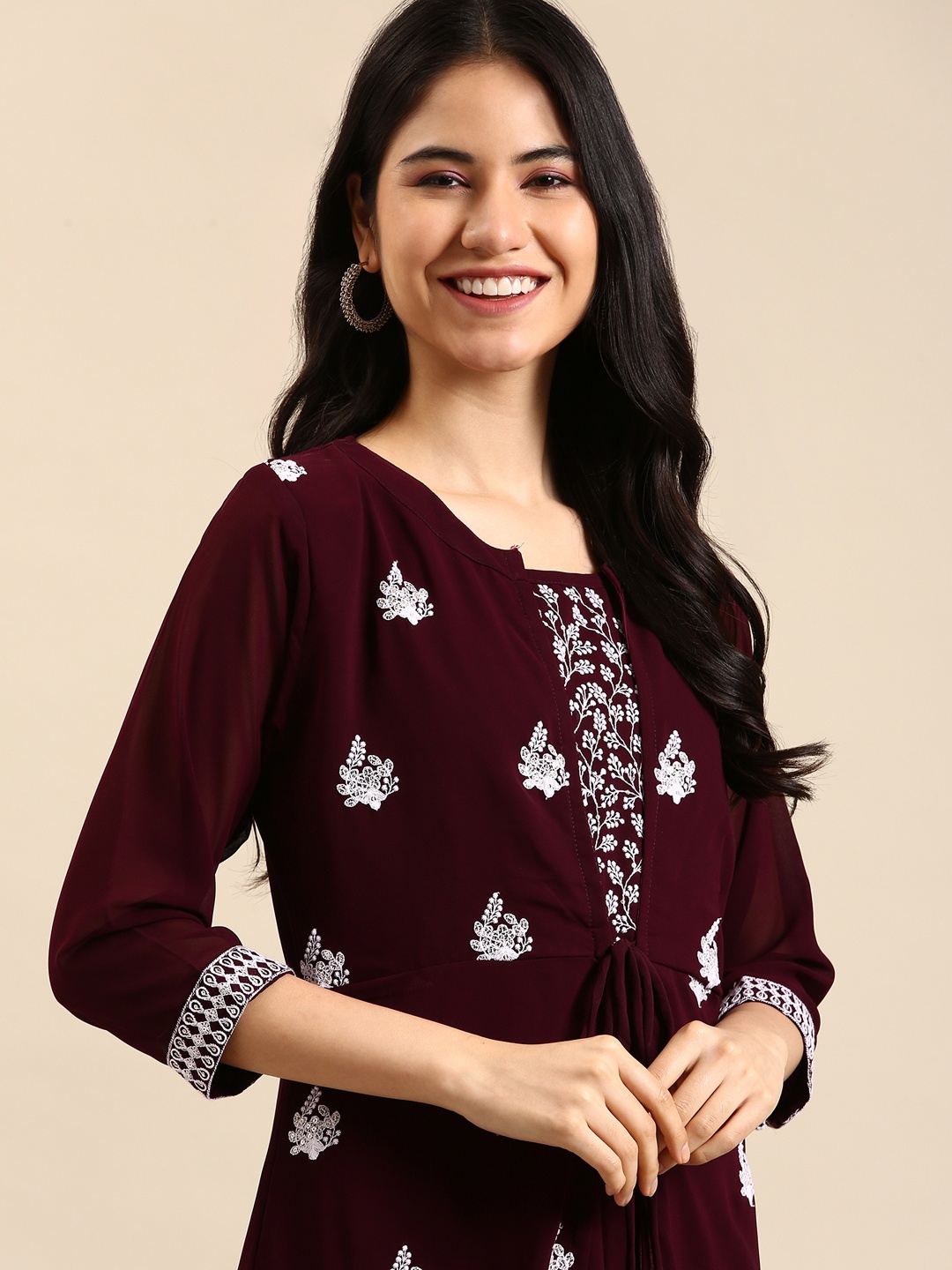 

SHOWOFF Women Burgundy Floral Embroidered Thread Work Georgette Layered Anarkali Kurta