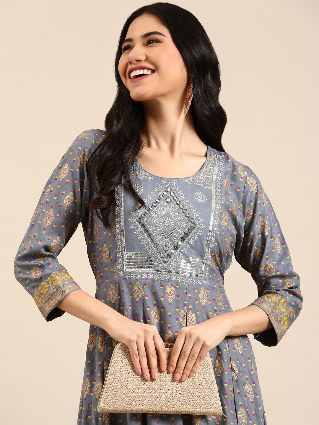 

SHOWOFF Women Grey Ethnic Motifs Printed Mirror Work Floral A-line Kurta