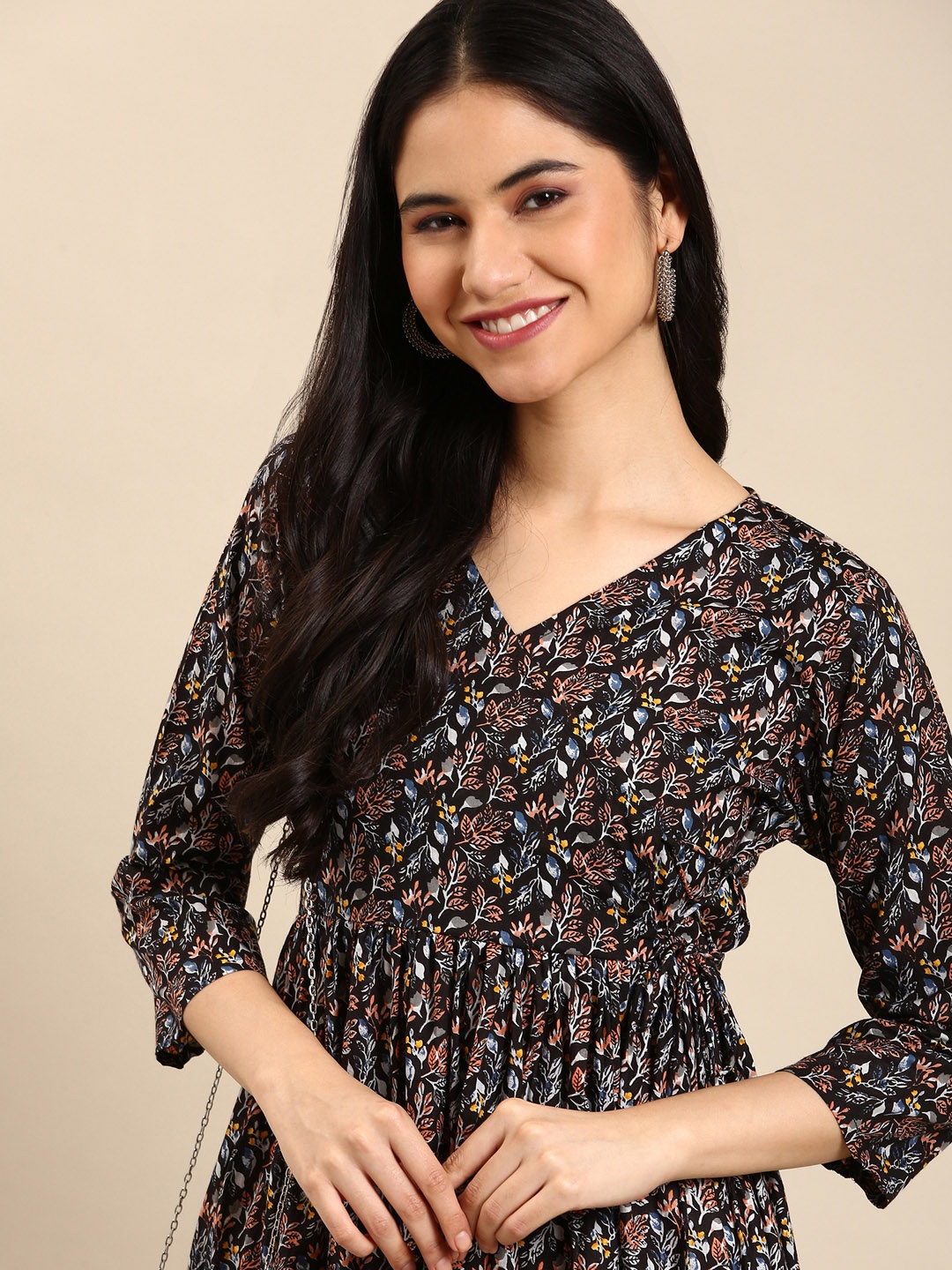 

SHOWOFF Women Black & Brown Printed Cotton Angrakha Kurta