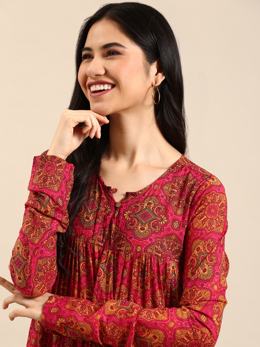 

SHOWOFF Women Pink A-Line Floral Printed Kurta