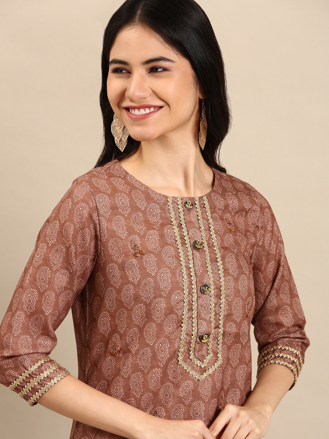 

SHOWOFF Women Brown Paisley Printed Cotton Kurta