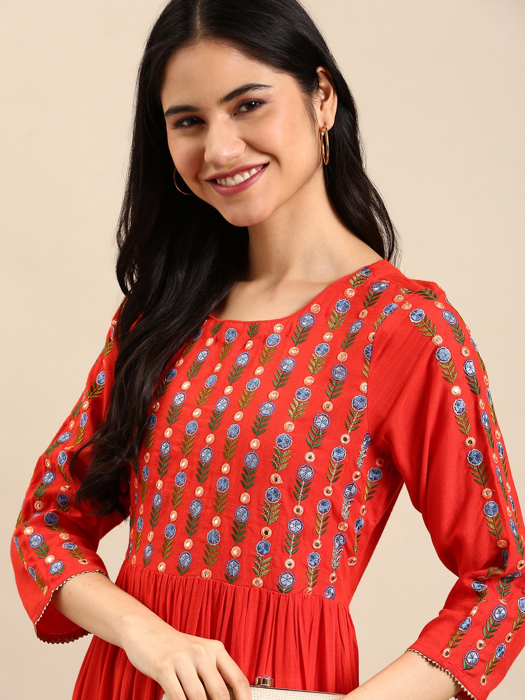 

SHOWOFF Women Orange Floral Embroidered Cotton Anarkali Kurta