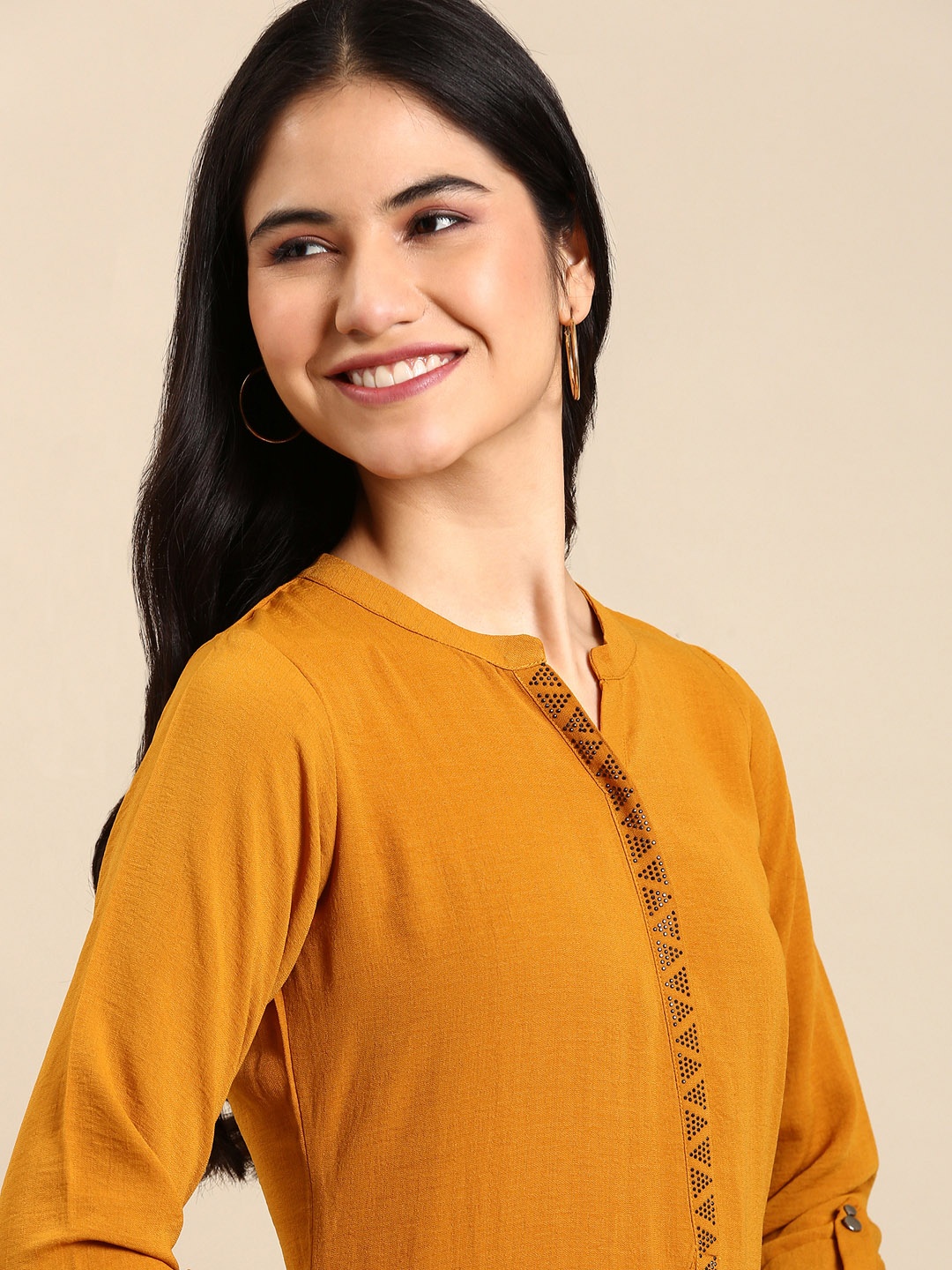 

SHOWOFF Women Mustard Yellow Keyhole Neck Kurta