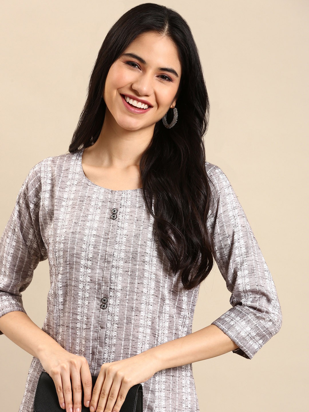 

SHOWOFF Women Grey Woven Design Straight Kurta