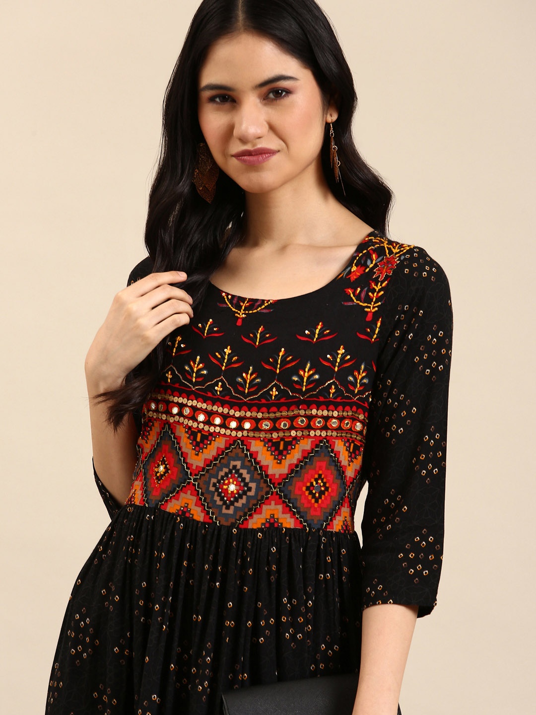 

SHOWOFF Women Black & Orange Bandhani Printed Cotton Ethnic Dresses