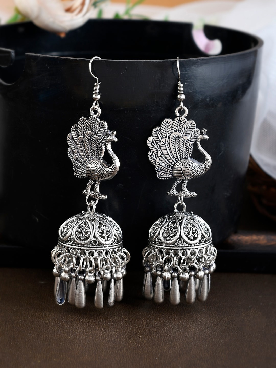 

Shoshaa Women Peacock Shaped Jhumkas Earrings, Silver