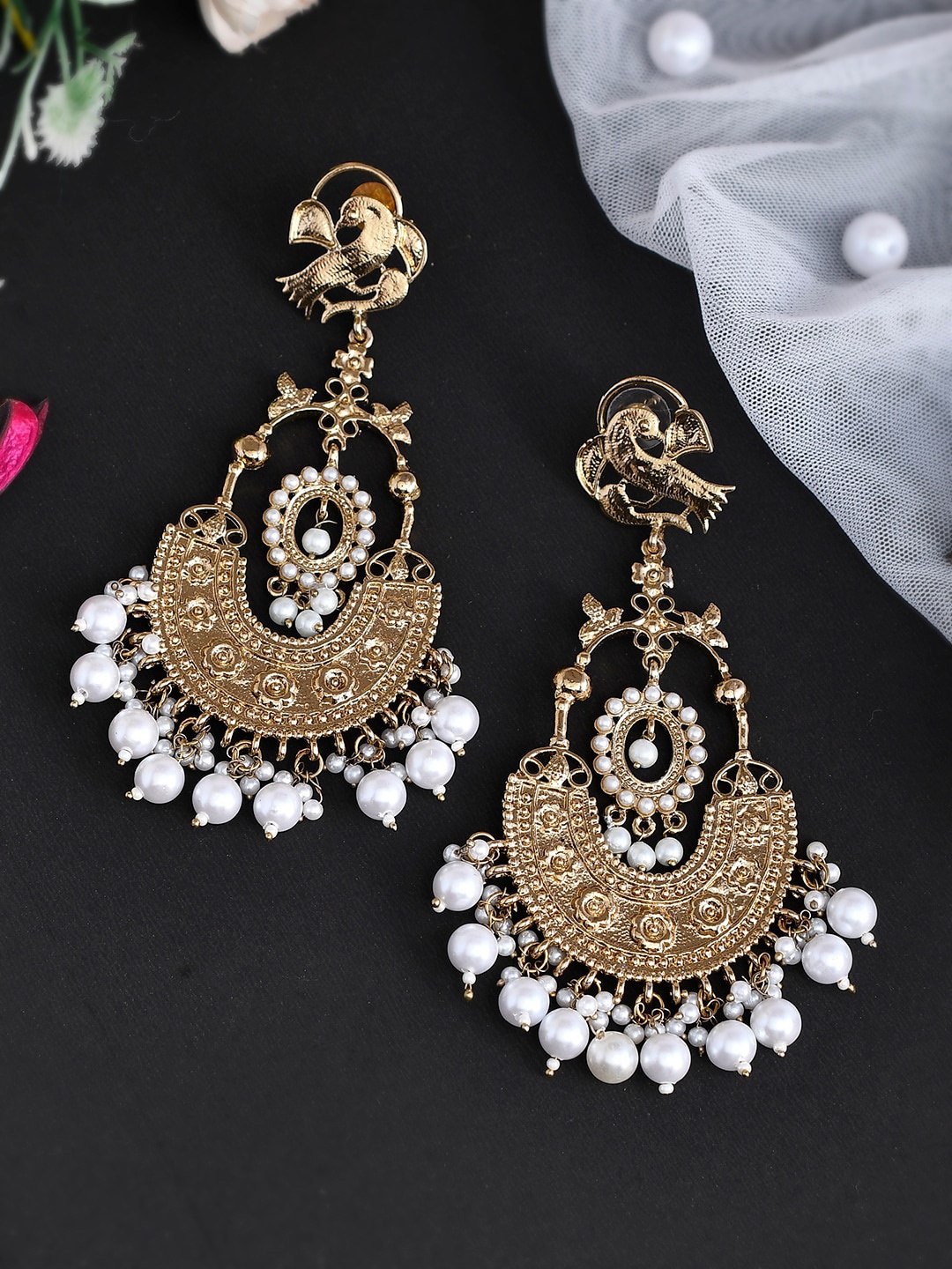 

Shoshaa Women Peacock Shaped Chandbalis Earrings, Gold