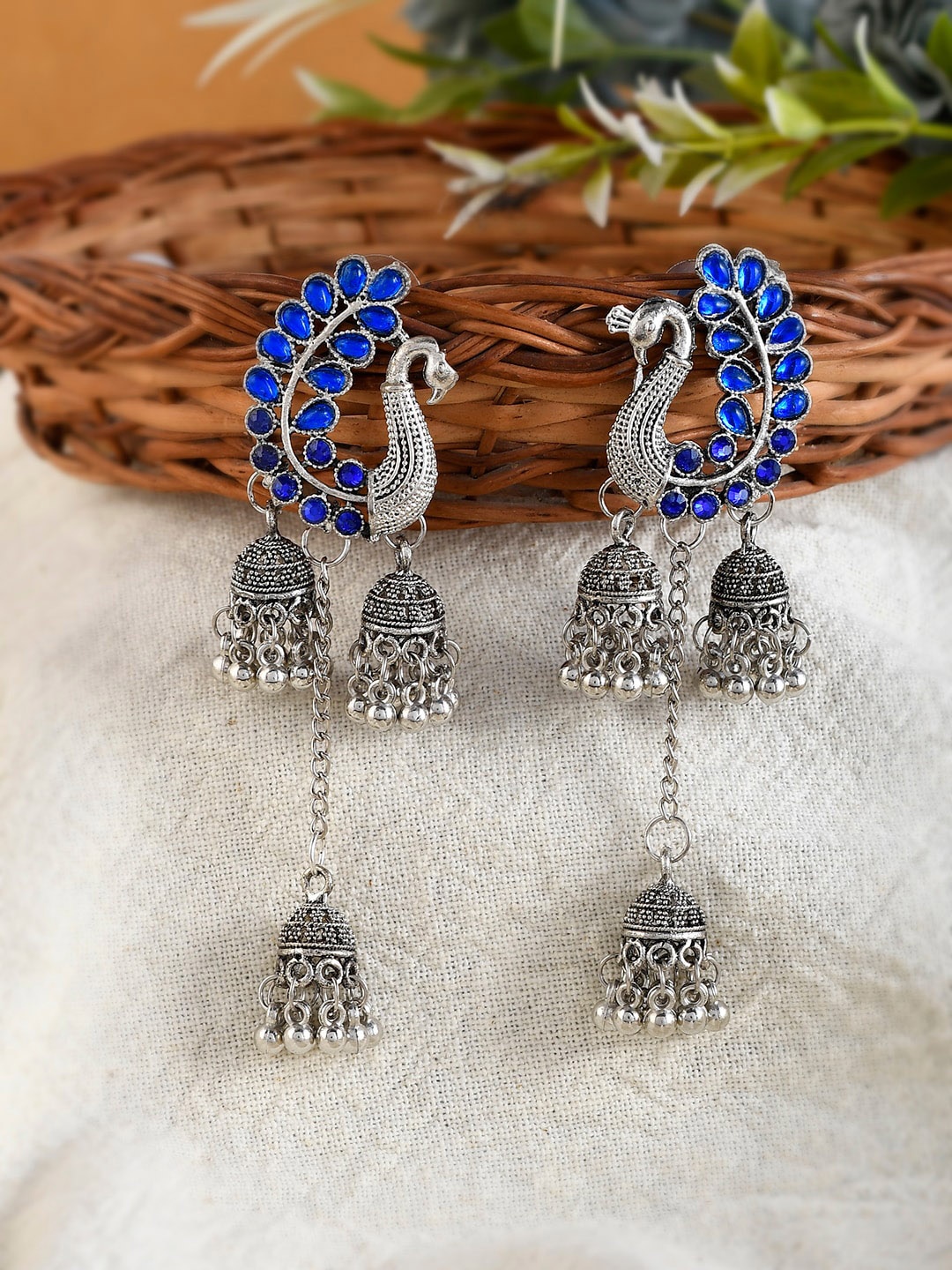 

Shoshaa Women Peacock Shaped Jhumkas Earrings, Silver