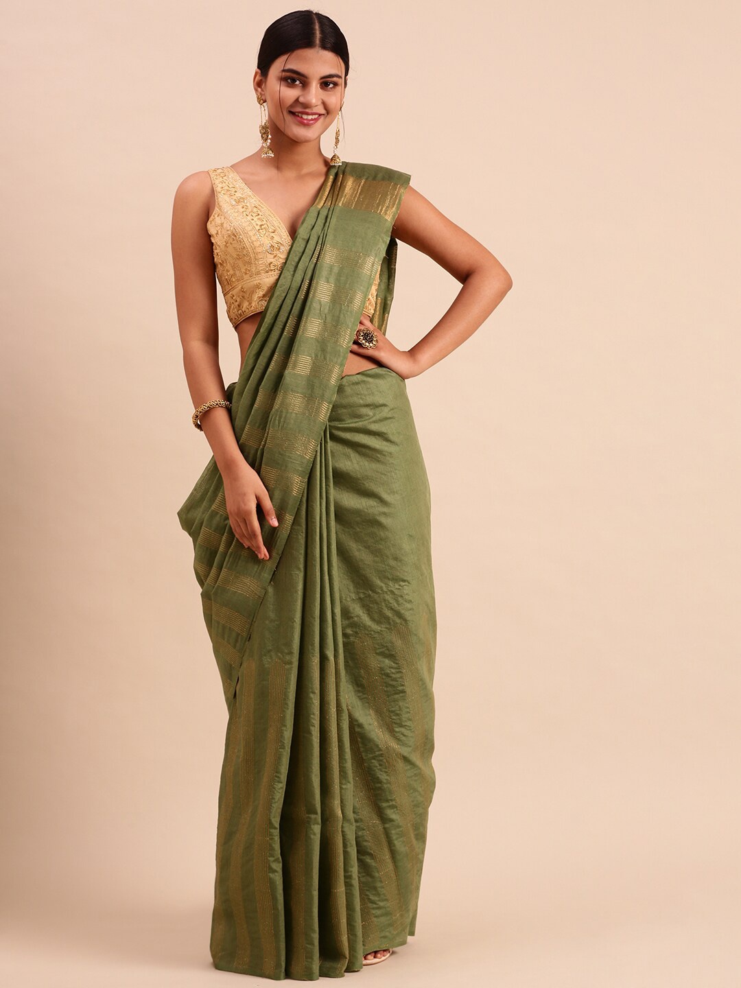 

Ramraj Green & Gold-Toned Woven Design Zari Tussar Saree