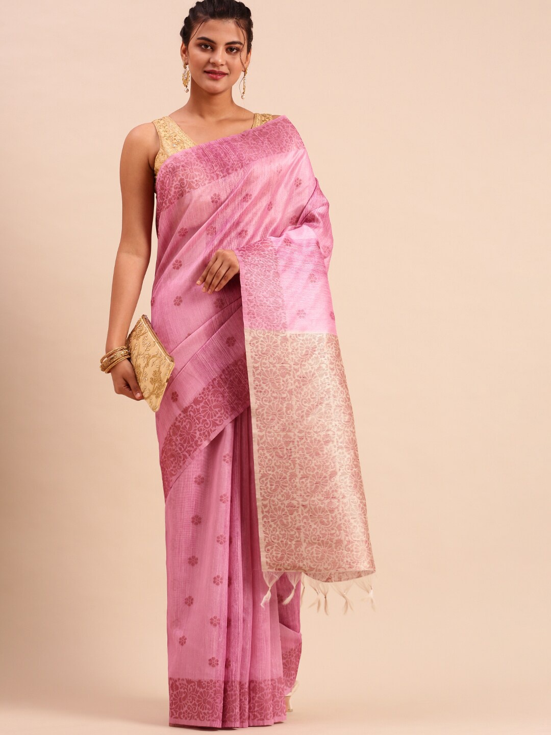 

Ramraj Pink & Lavender Floral Woven Design Tussar Saree