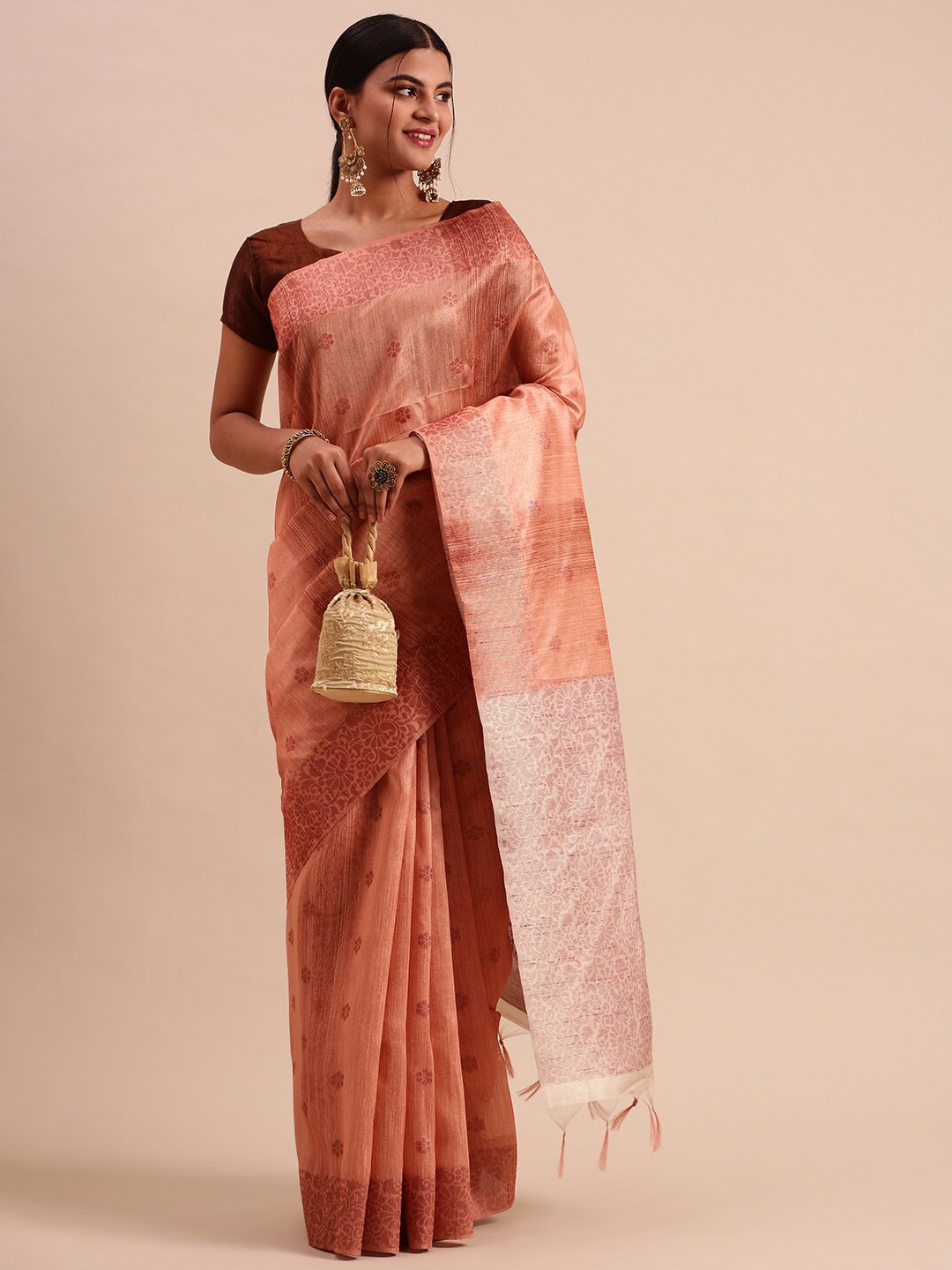 

Ramraj Brown & Gold-Toned Floral Tussar Saree