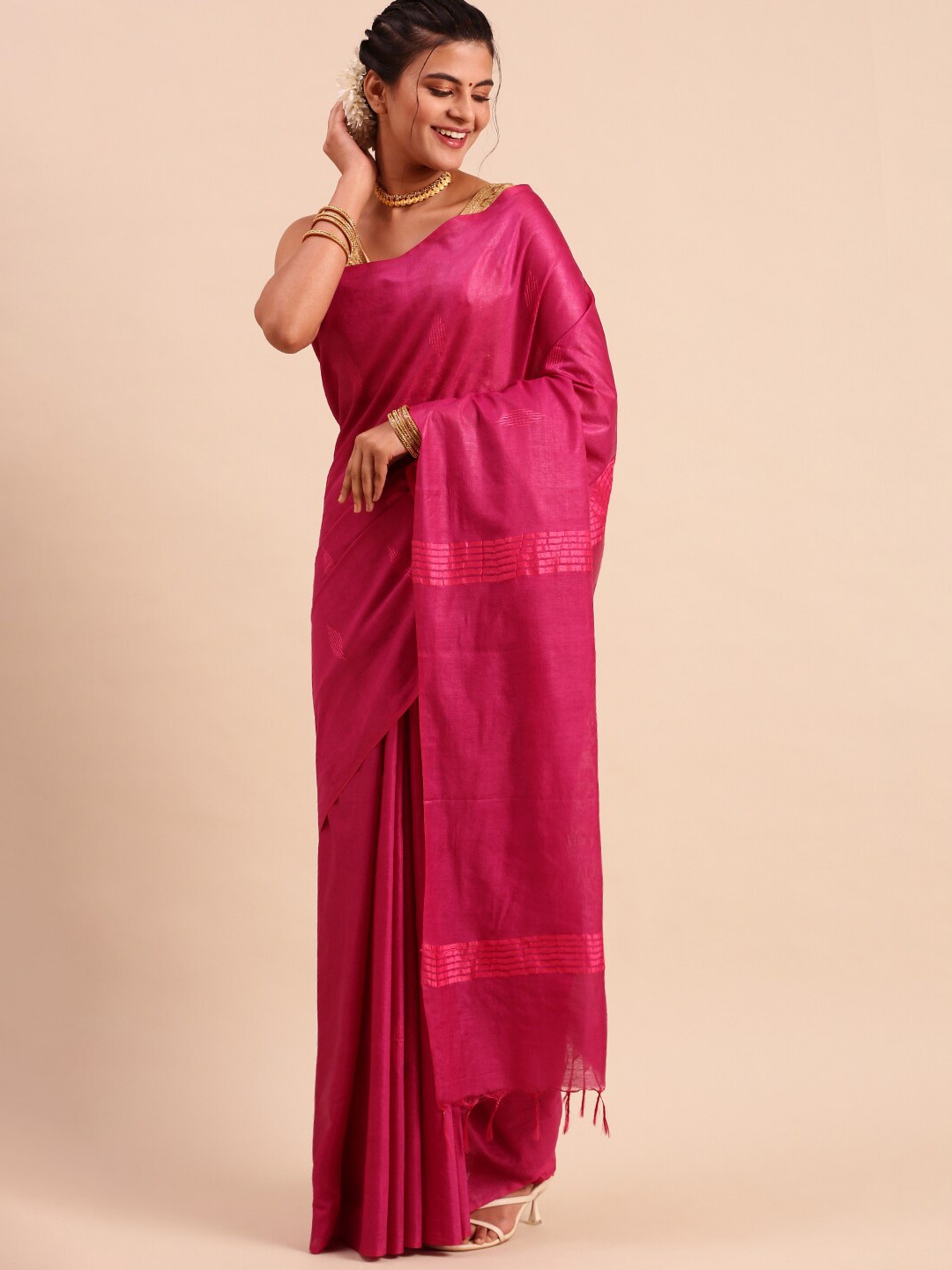 

Ramraj Pink Woven Design Tussar Saree