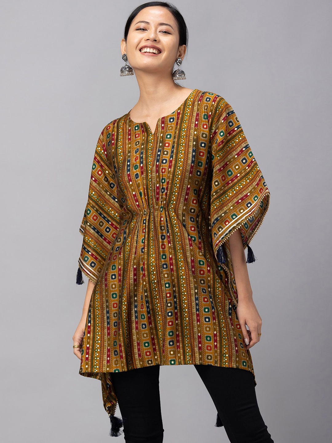 

Sangria Women Printed Mirror Work Kaftan Kurti, Mustard