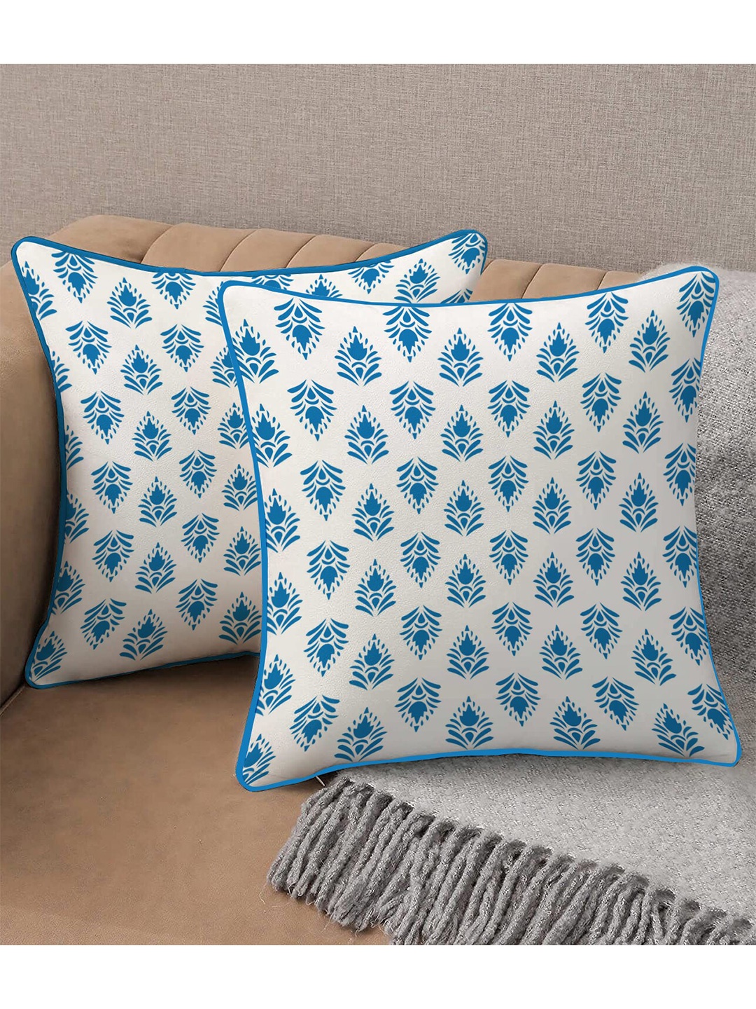 

STITCHNEST Set of 2 Cotton Ethnic Motifs Square Cushion Covers, White